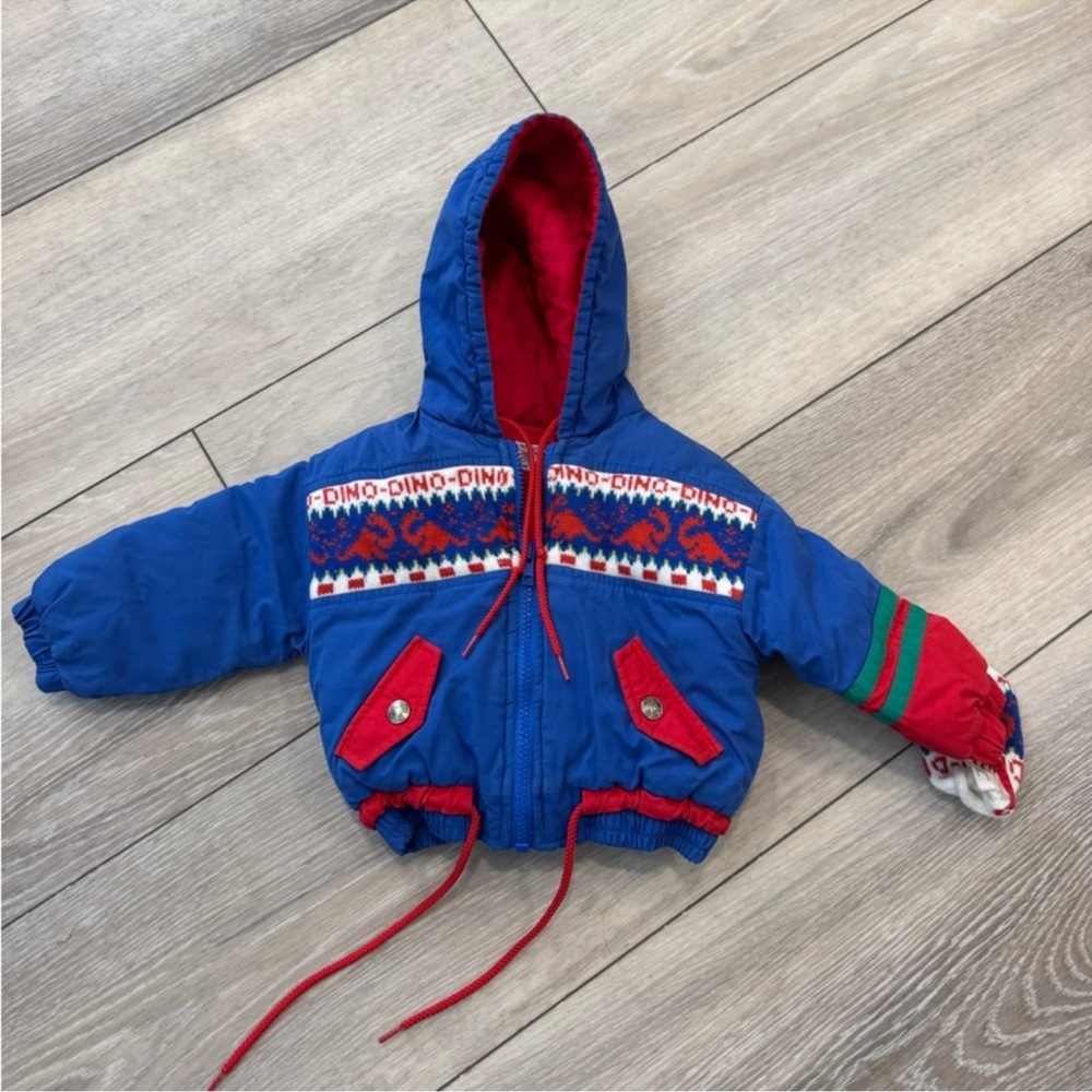 Vintage Weather Tamer Outerwear Blue/Red DINO hoodie Coat Size 18 months, EUC